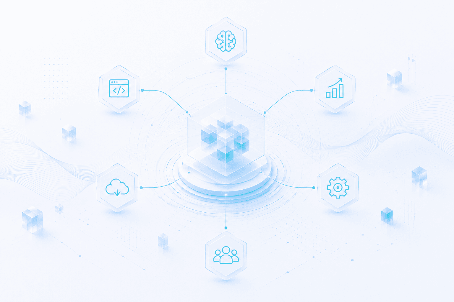 Abstract enterprise solution model connecting AI, engineering, cloud, automation, talent and business outcomes