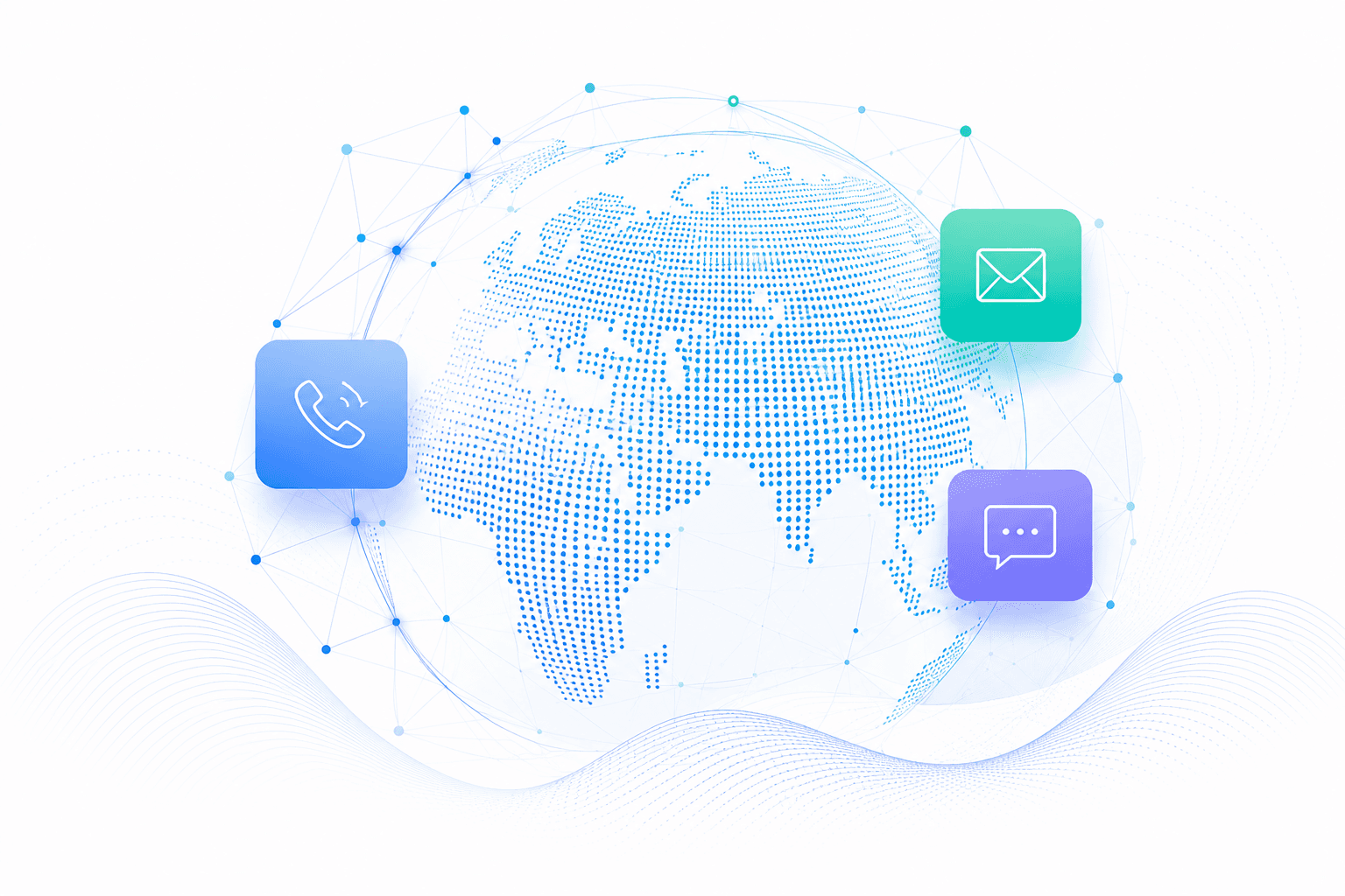 Connected global communications network with phone, email and conversation symbols