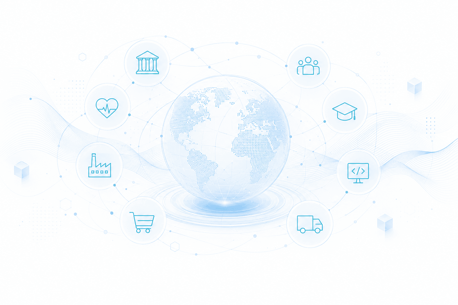 Connected globe surrounded by symbols representing eight industries